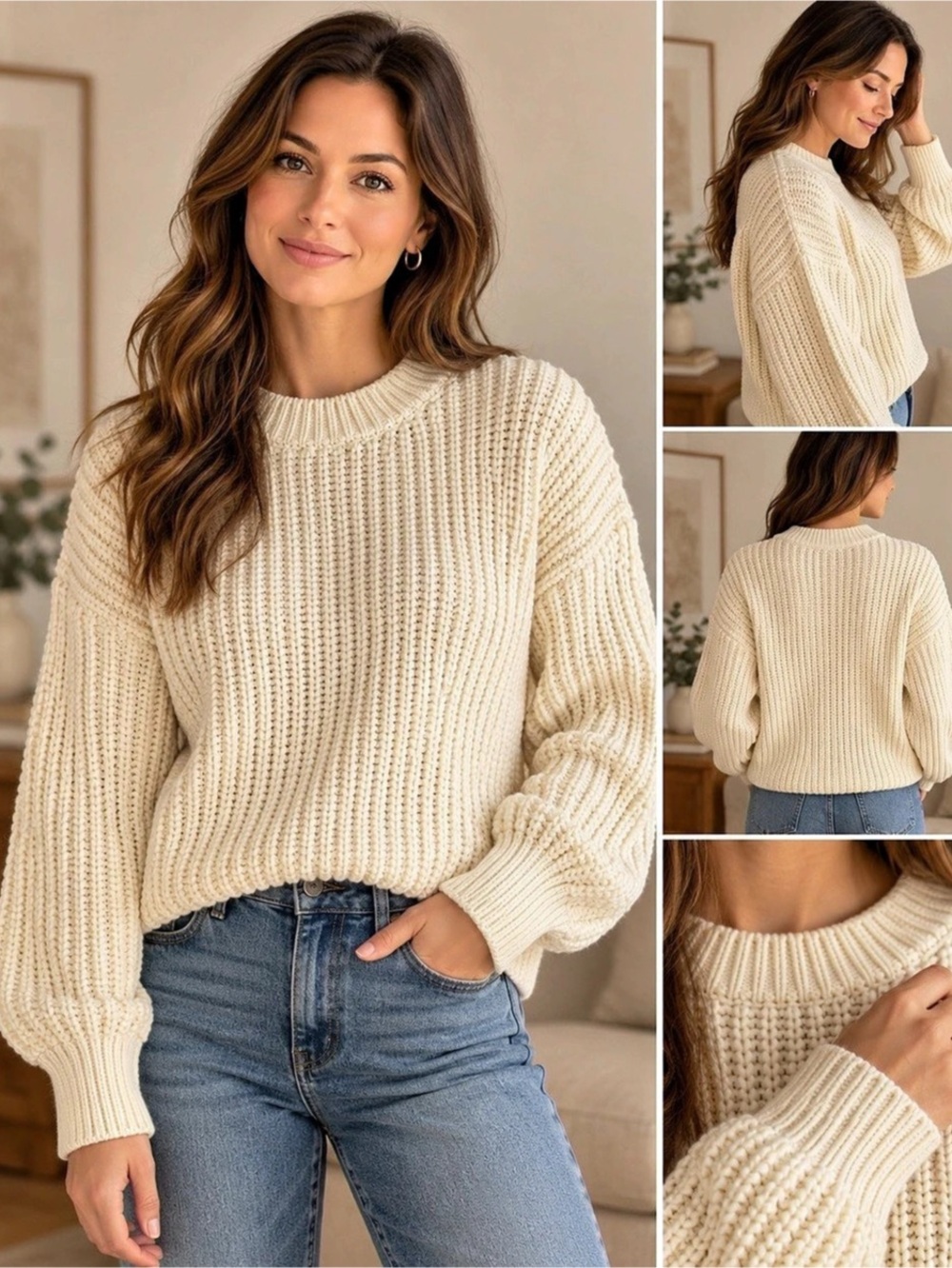 Banana Republic Ribbed Crewneck Sweater Cream Size Medium Like New